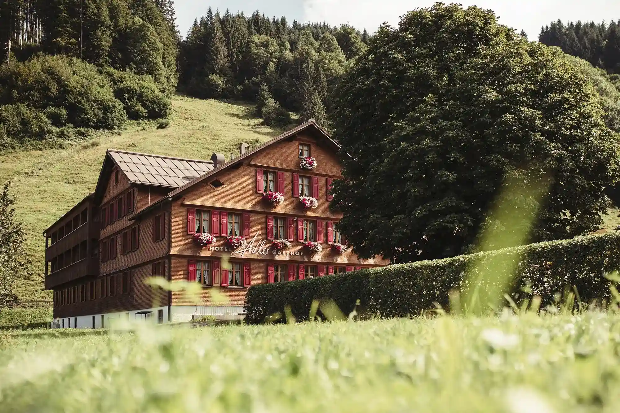 Ein Gasthaus in den Alpen mit traditioneller Holzverkleidung und Geranien an den Fenstern