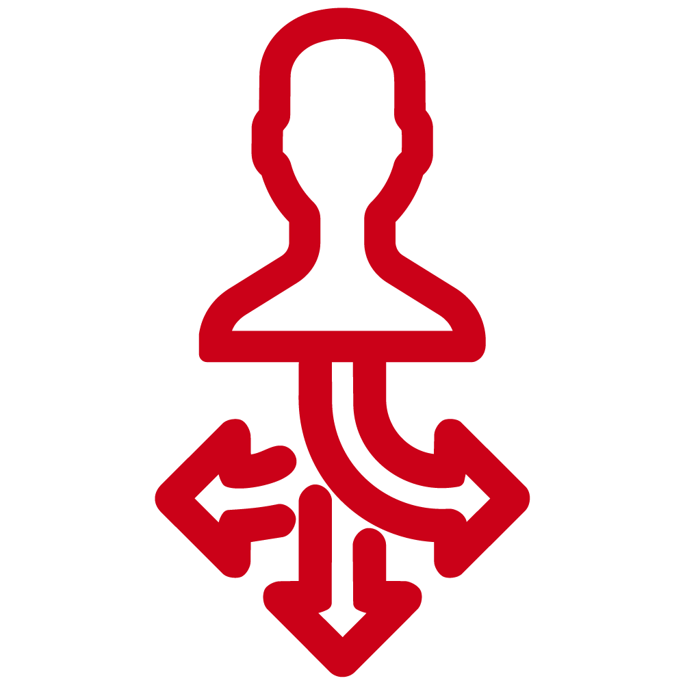Icon of a person with branching directional arrows