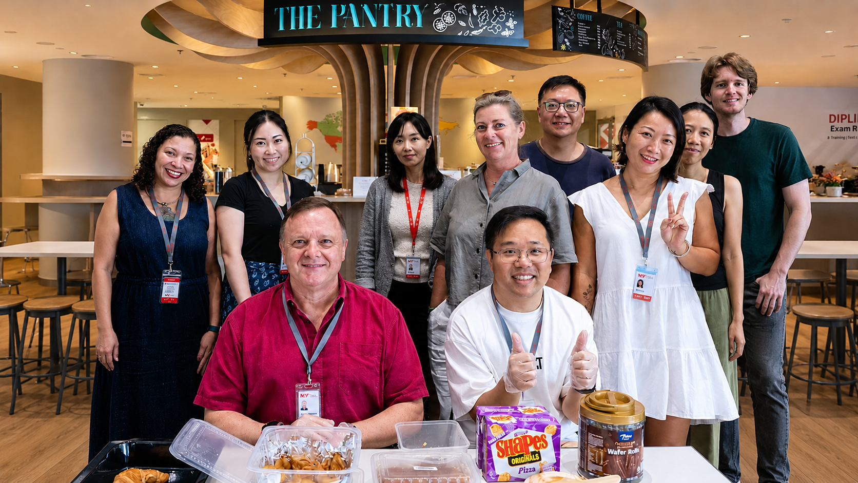 Group photo of staff at the school canteen, The Pantry