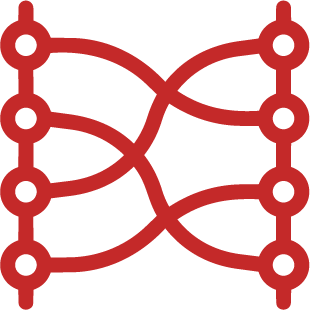 Interconnecting red lines between two vertical columns of four nodes each