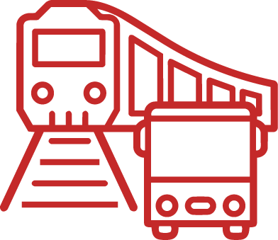 Red outline icon of a train on tracks next to a bus