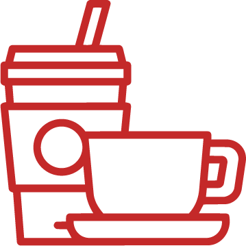 Red outline icon of a takeaway coffee cup with a straw and a coffee cup on a saucer