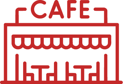 Red line icon of a cafe storefront with tables and chairs
