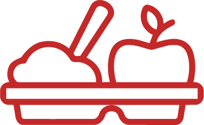 Line drawing of a meal tray with a serving of food and an apple