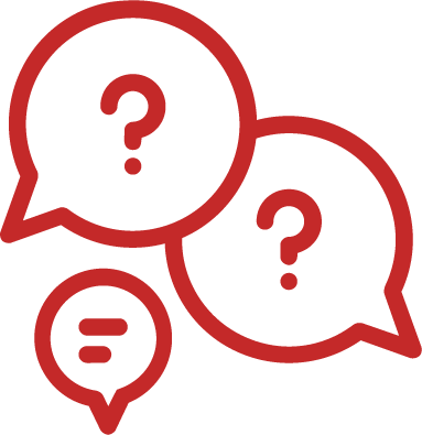 Two speech bubbles with question marks and one small speech bubble with horizontal lines representing text