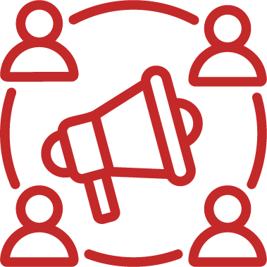 Megaphone surrounded by four people representing communication or social outreach