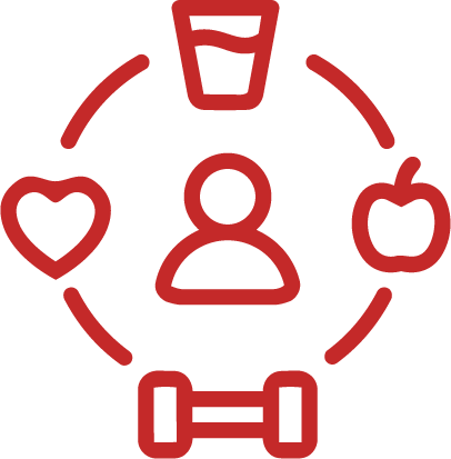 Person surrounded by icons of a glass, an apple, a heart, and a dumbbell representing healthy lifestyle choices