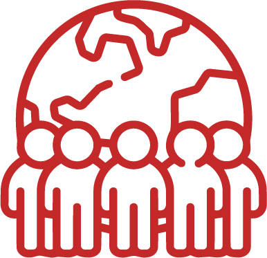 Red line art icon of a group of people standing in front of a globe