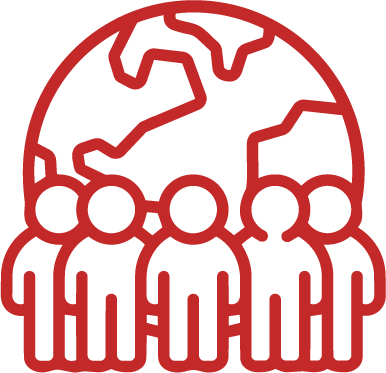 Global community icon showing a group of people in front of a globe