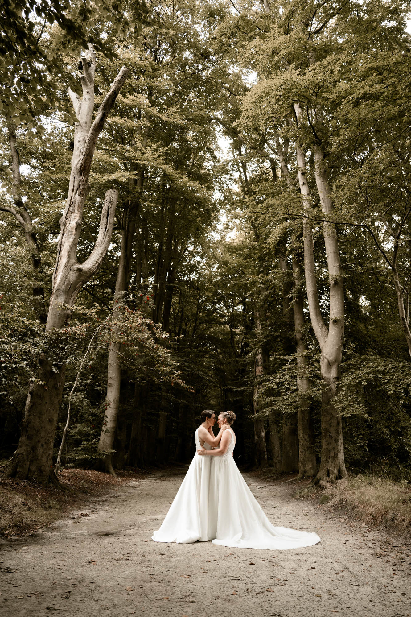 Two brides in white wedding dresses embracing on a forest path surrounded by tall trees.
