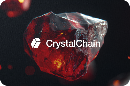 Dark red translucent crystal with the white CrystalChain logo overlayed on it.