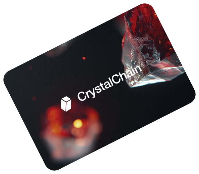 Black angled card with white CrystalChain logo and text, featuring a red crystal in the background.