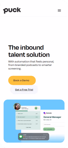 Mobile website screen showing Puck's inbound talent solution with call-to-action buttons and a candidate profile preview.