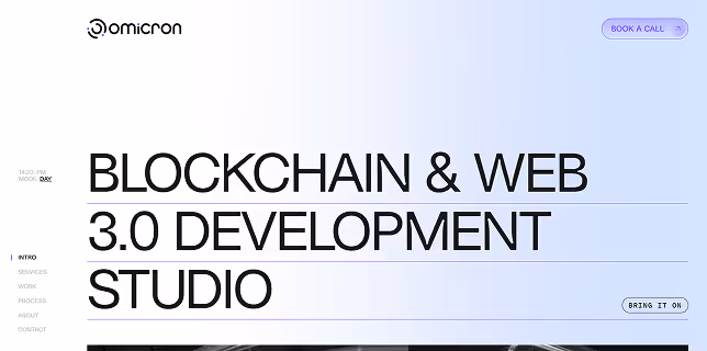 Website header with Omicron logo, text stating 'Blockchain & Web 3.0 Development Studio,' and buttons labeled 'Book a Call' and 'Bring It On.'