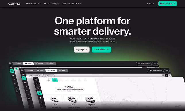 Curri website homepage showing a dashboard interface and tagline 'One platform for smarter delivery' with call-to-action buttons.