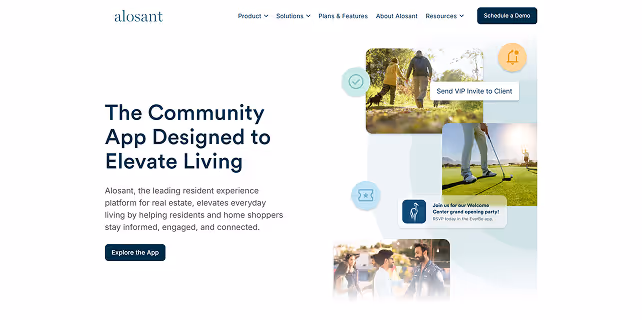 Alosant community app homepage showing text about elevating living with images of people walking dogs, golfing, and socializing, plus buttons to explore and RSVP.