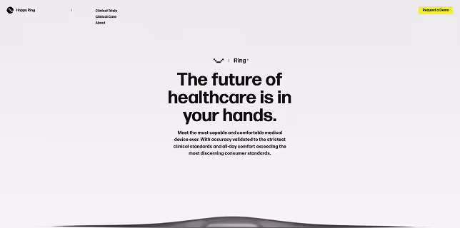 Website header with text 'The future of healthcare is in your hands' promoting a medical device, with navigation links and a yellow 'Request a Demo' button.
