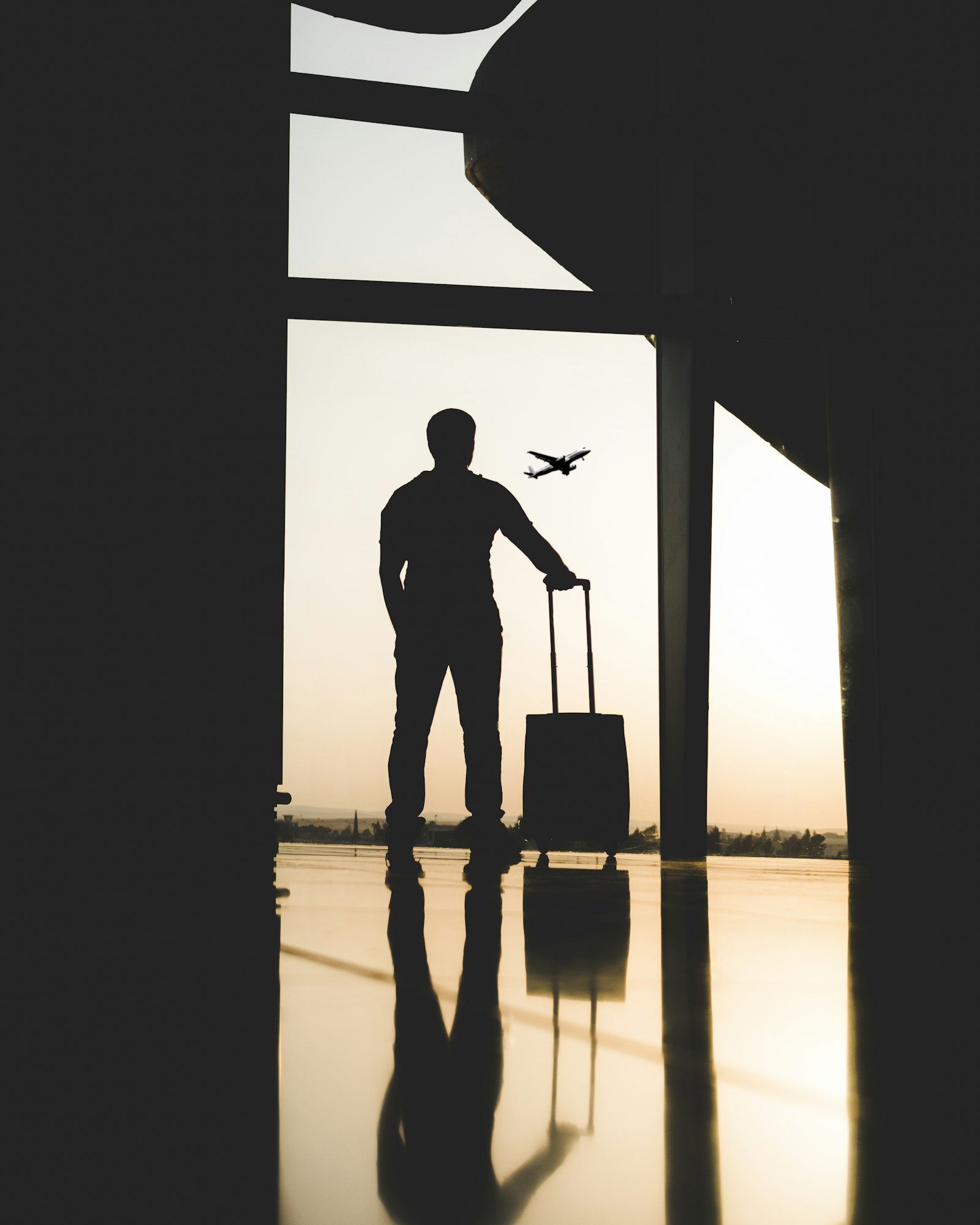 Reisender mit Gepaeck im Flughafen, Auswandern