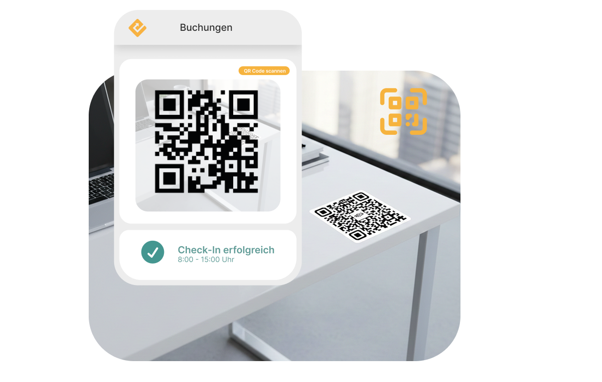 Digitaler Gästeausweis für Daniela Schmidt mit QR-Code zum Check-in, Bestätigungsmeldung „Check-in erfolgreich“ und automatischer Zutrittsfreigabe zum 1. OG