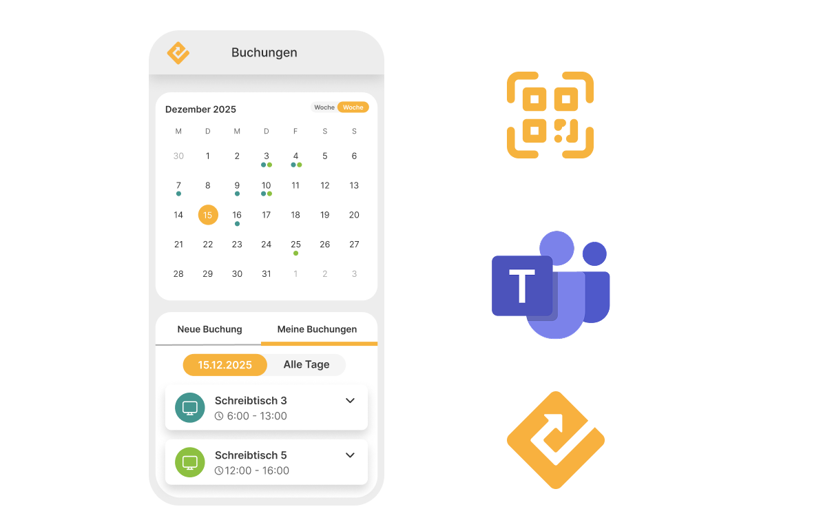Mobile App mit Monatskalender (Dezember 2025), Buchungsübersicht für den ausgewählten Tag mit zwei reservierten Schreibtischen und Zeitangaben