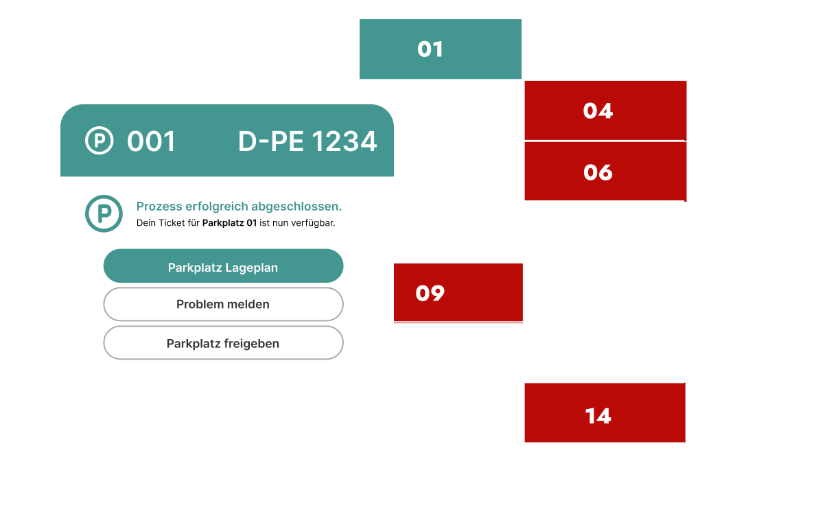 Detailansicht des Parkplatzes 001 mit Kennzeichen D-PE 1234, Statusanzeige und Aktionsbuttons für Parkplatz-Lageplan, Problem melden und Parkplatz freigeben