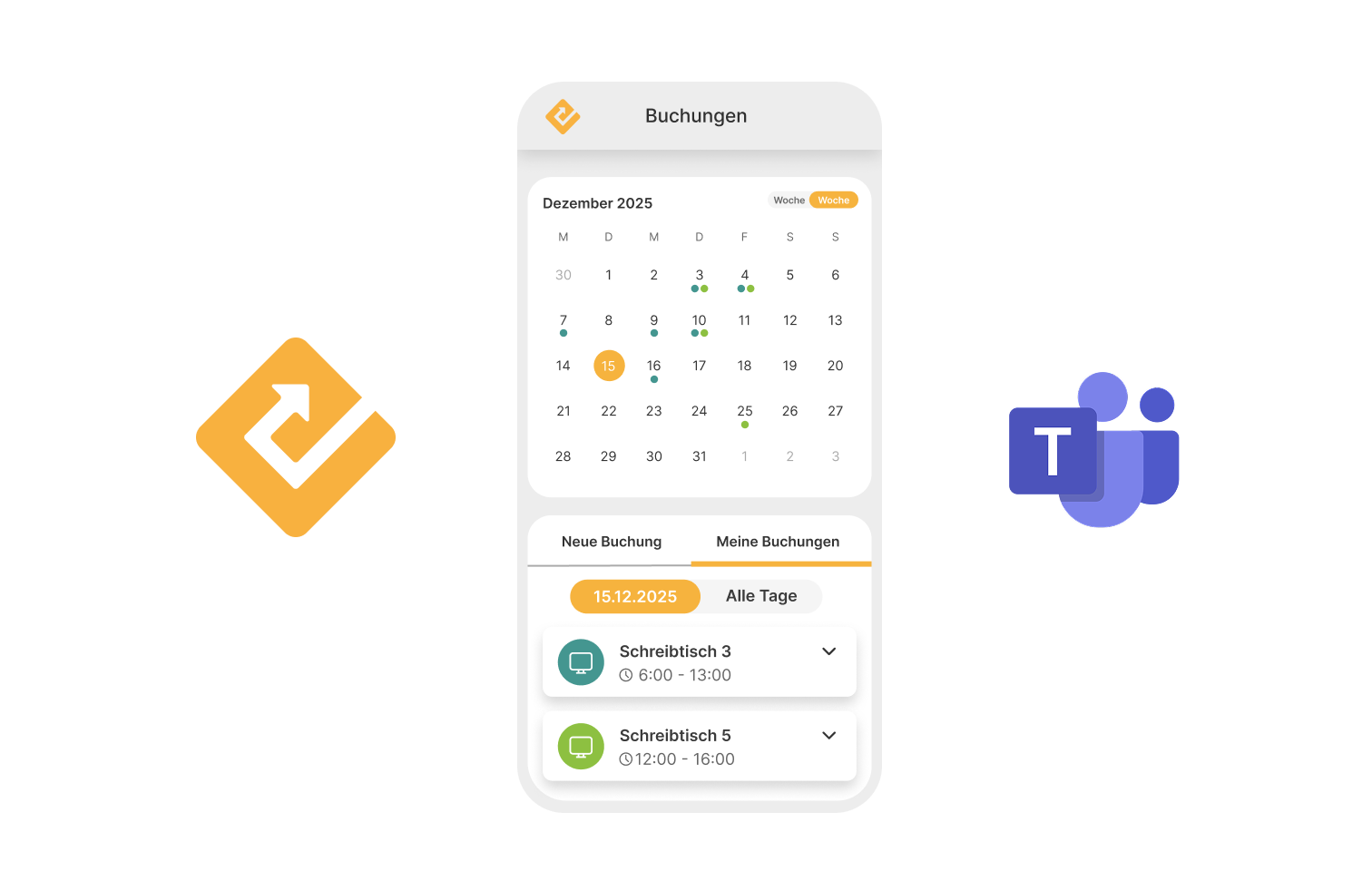 Zentrale Plattform mit konzentrischen Kreisen, umgeben von Integrationen wie Microsoft Teams, Outlook, Azure Active Directory, Okta, Personio, Timebutler und Kalenderdiensten – Darstellung eines vernetzten Software-Ökosystems.