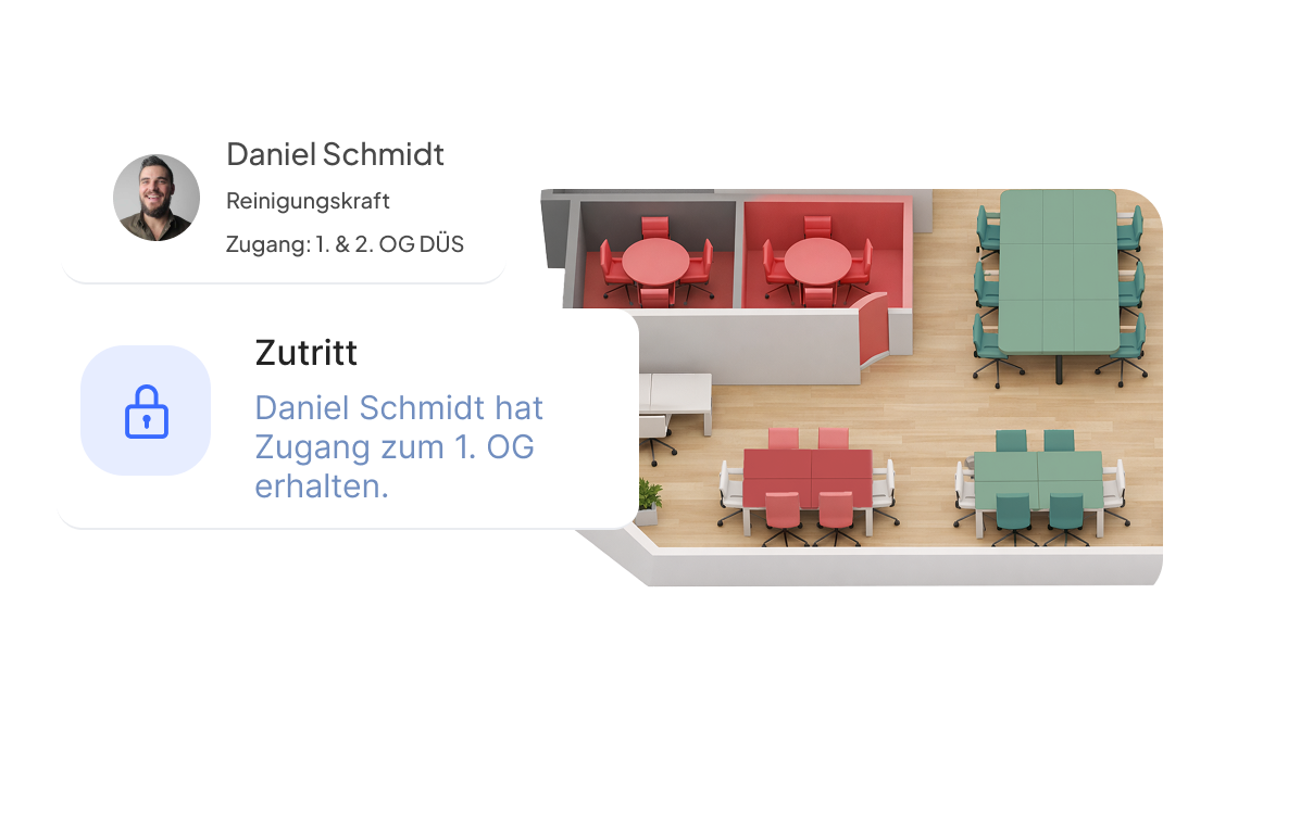 Isometrische 3D-Büroansicht mit rot markierten Bereichen, die Reinigungsbedarf anzeigen, zur visuellen Steuerung der Reinigungskräfte
