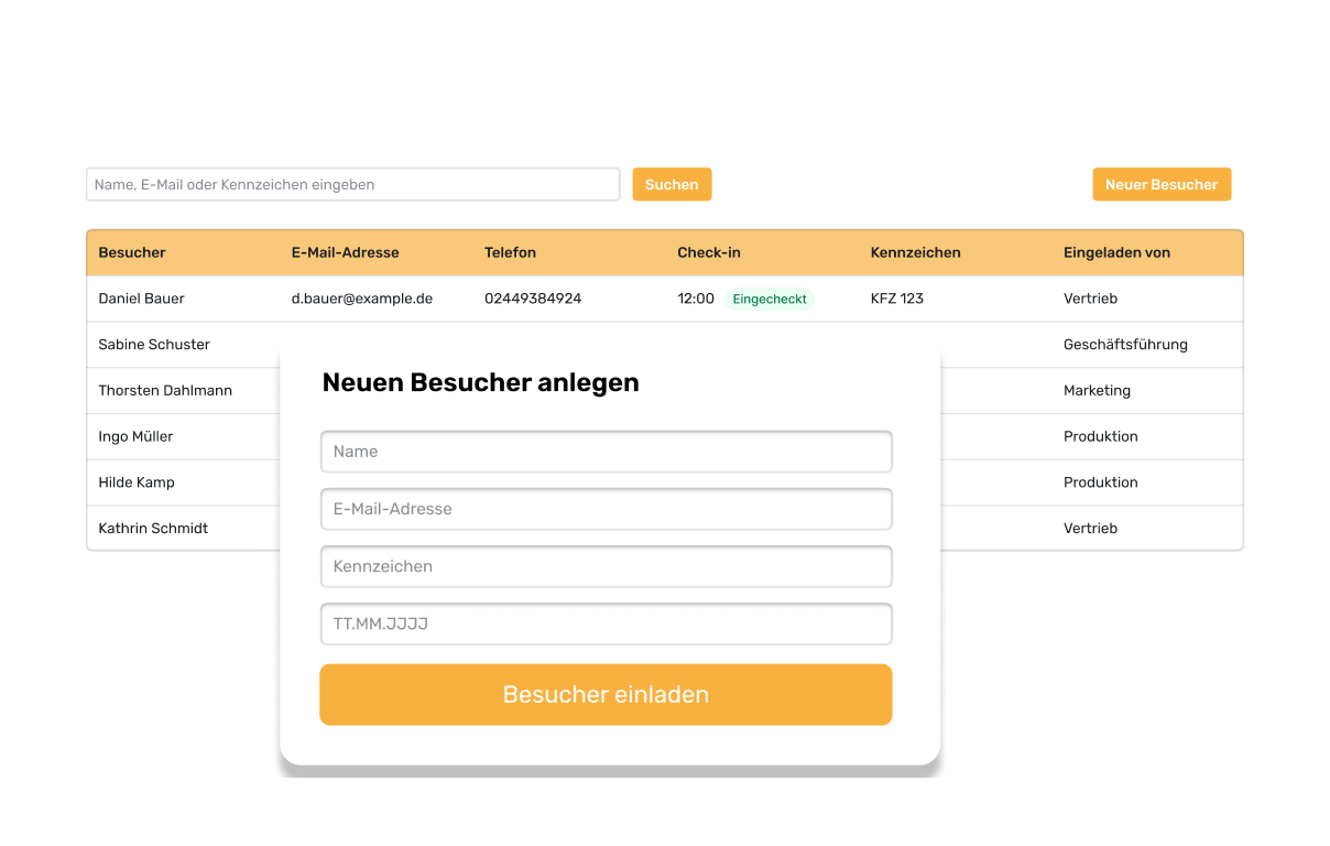Eingabeformular zum Anlegen eines neuen Besuchers mit Feldern für Name, E-Mail-Adresse, Kennzeichen und Ticket-Nummer sowie einem orangefarbenen „Besucher einladen“-Button