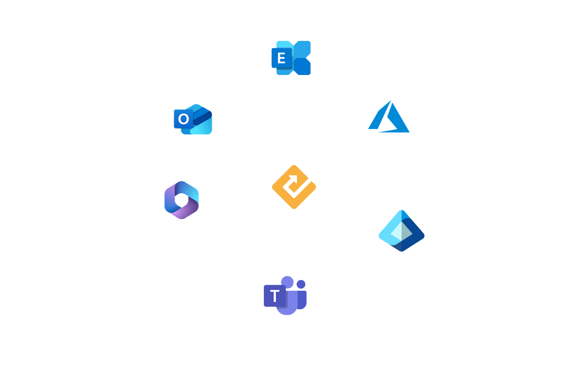 Die Logos von MS Teams, Office 365, Outlook, Exchange, Azure AD und Entra ID kreisen um das OfficeEfficient Logo.