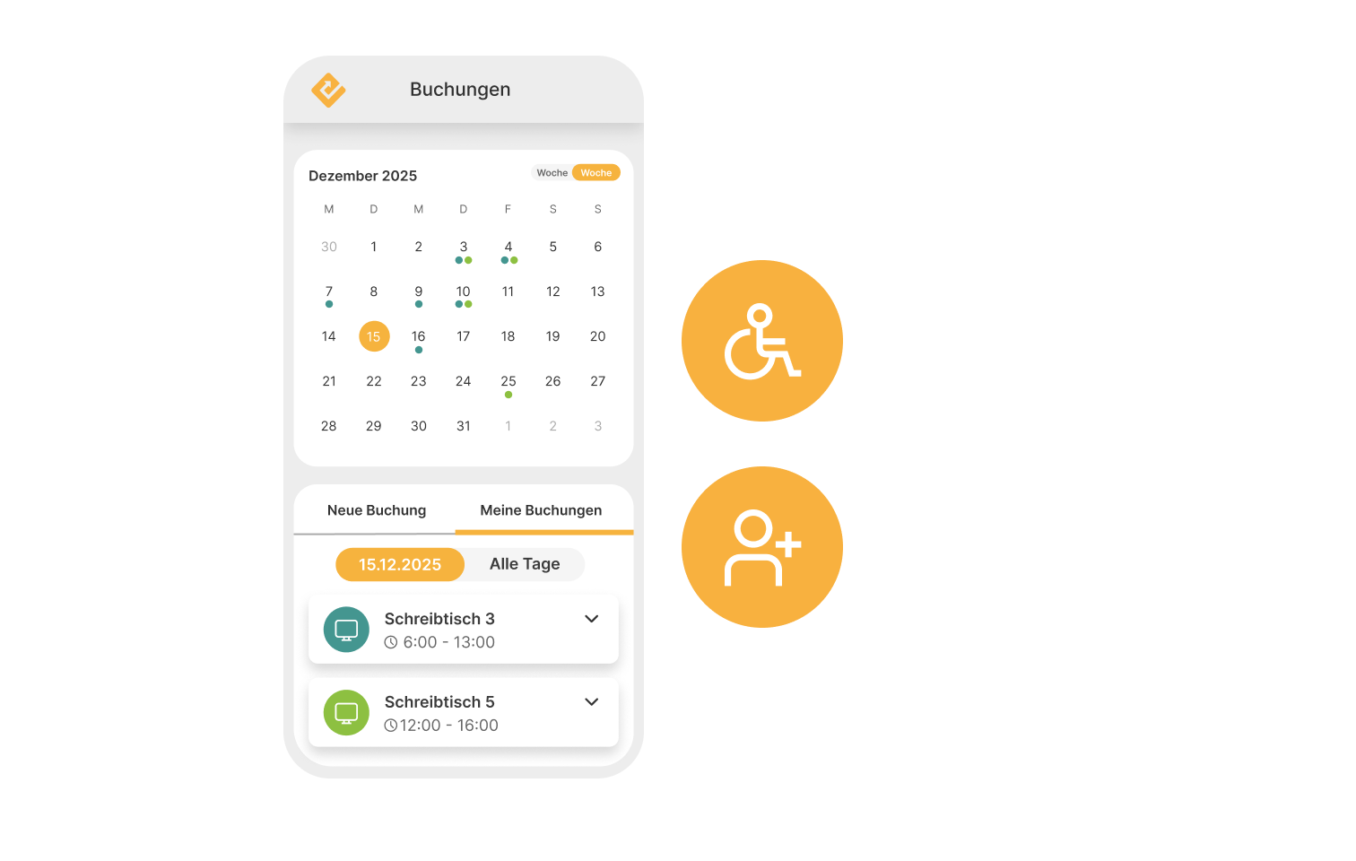 OfficeEfficient Mobile App neben Icons für Barrierefreiheit (Rollstuhl, Personen mit Behinderung) zur Darstellung der barrierefreien Zugänglichkeit der Software