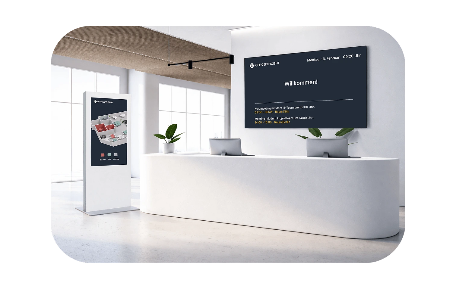 Digitaler Willkommensbildschirm im modernen Empfangsbereich eines Büros mit aktuellen Raum- und Belegungsinformationen auf einem großen Display