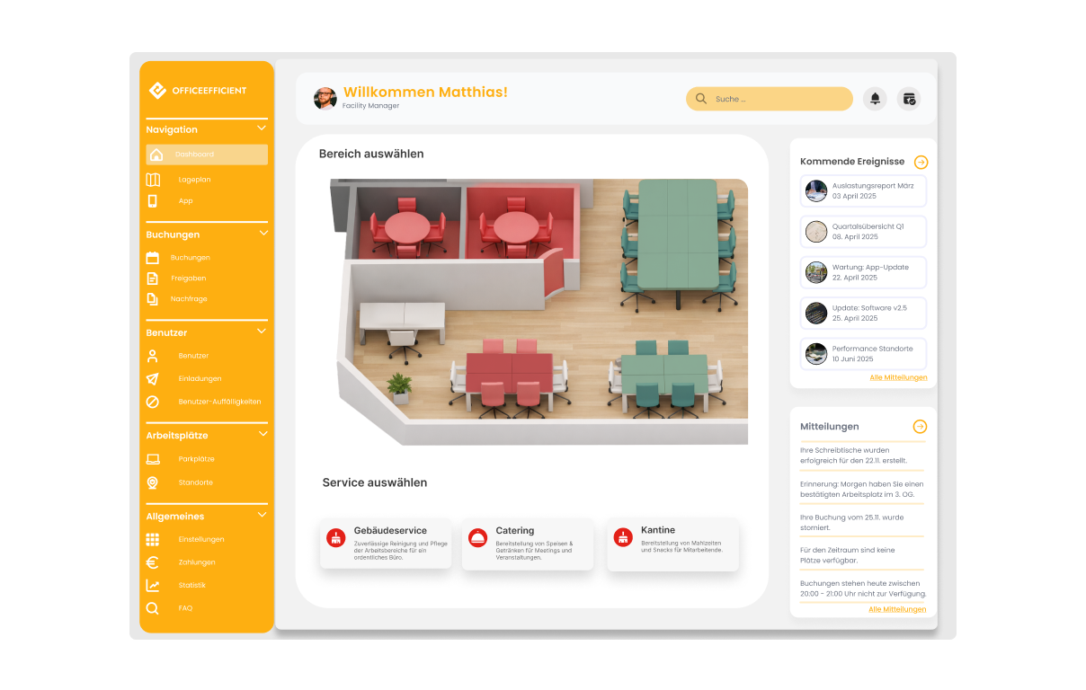 Dashboard zur Analyse von Buchungen von Schreibtischen, Konferenzräumen und Telefonboxen mit Team- und Gästemanagement, sowie Auslastung..
