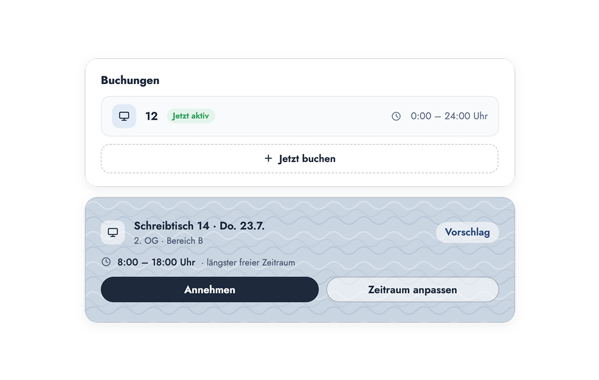 Buchungsübersicht mit aktivem Arbeitsplatz 12 und Vorschlag für Schreibtisch 14 am 23.7., 8-18 Uhr zur Annahme.