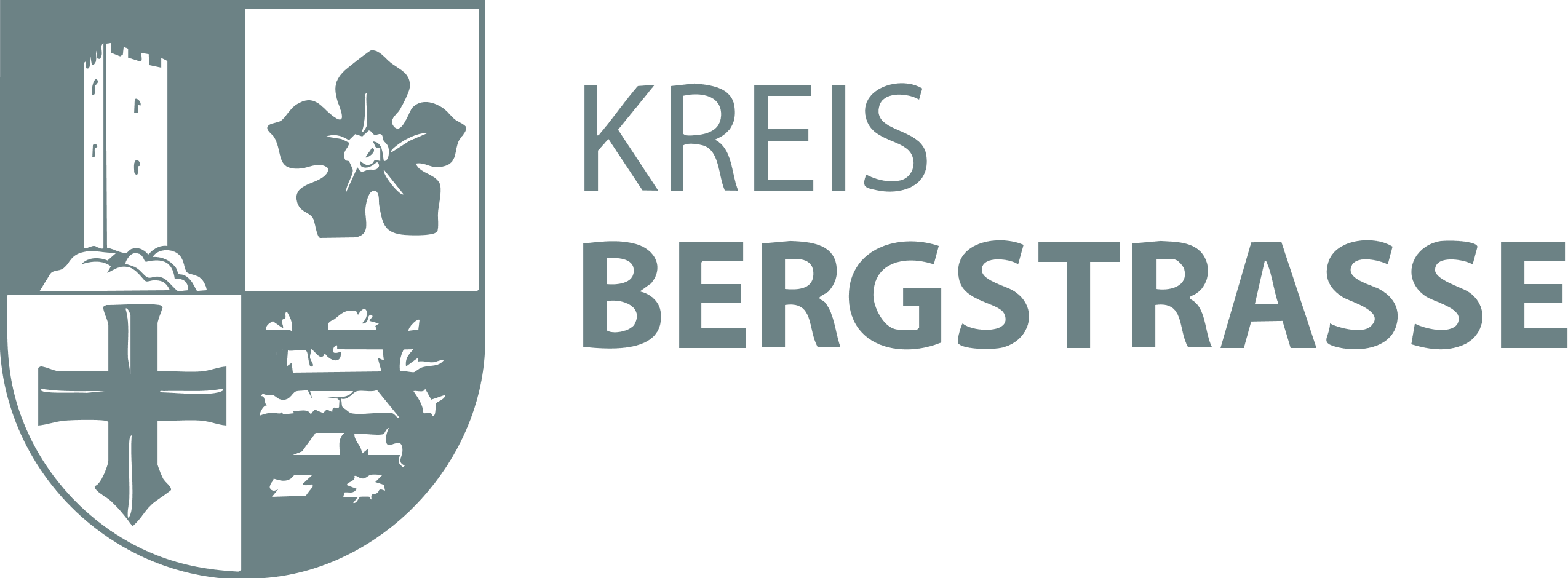 Coat of arms of the Bergstraße district depicting a tower, a flower, a cross and a lion and the lettering “Bergstraße district”.