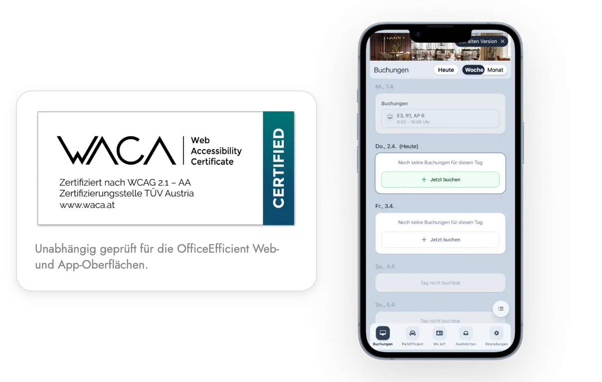 WCAG-certified web accessibility certificate in addition to a smartphone app booking overview in German.