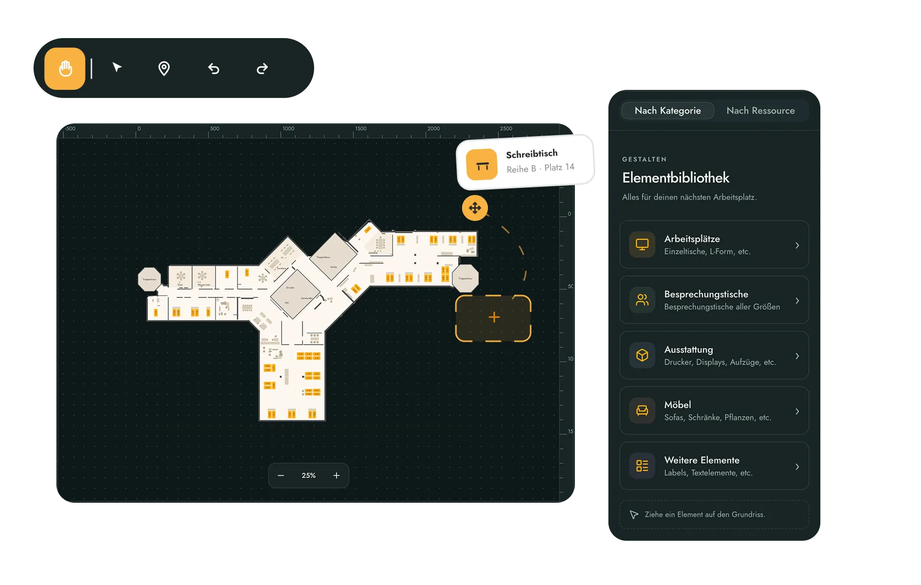 Digitale Büro-Grundriss-Planungssoftware mit markiertem Schreibtisch an Reihe B, Platz 14, und Auswahlmenü rechts mit Kategorien wie Arbeitsplätze, Besprechungstische, Ausstattung, Möbel und weitere Elemente.