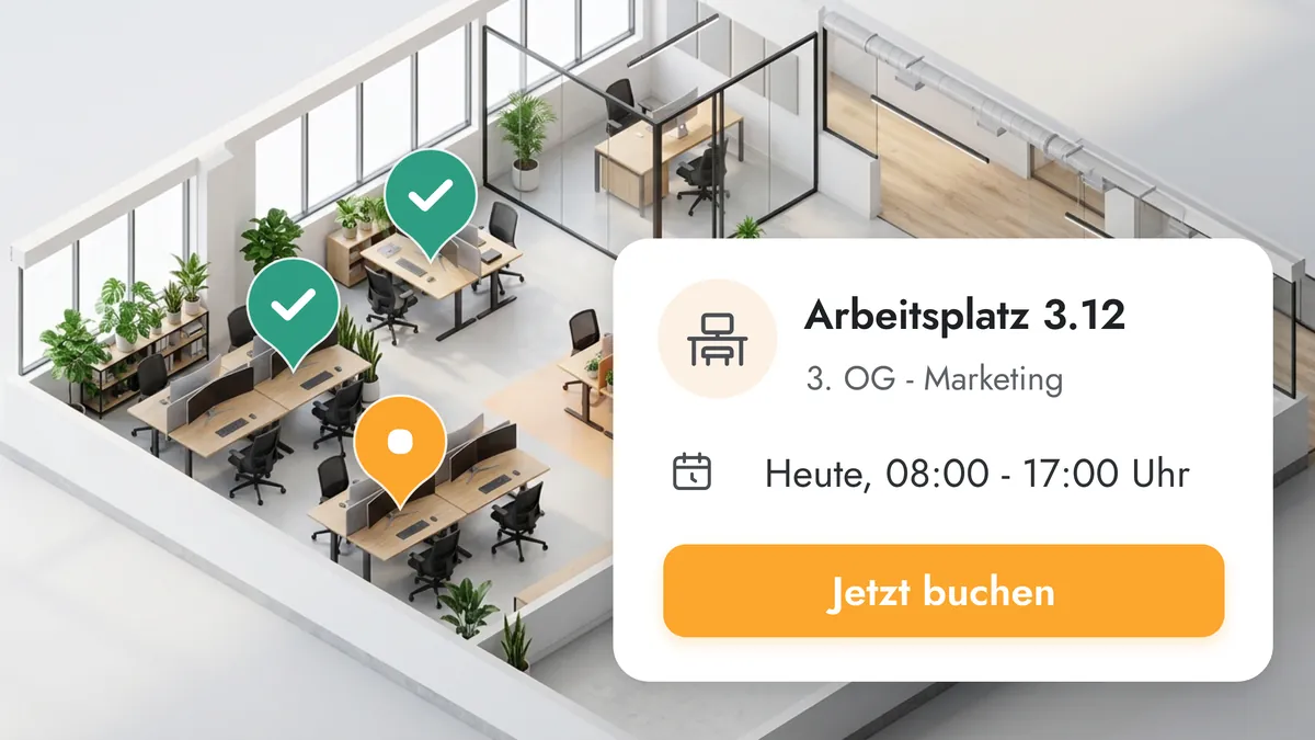 Büro-Grundriss in 3D mit freien und belegten Arbeitsplätzen, daneben die Buchungskarte für Arbeitsplatz 3.12 im 3. OG
