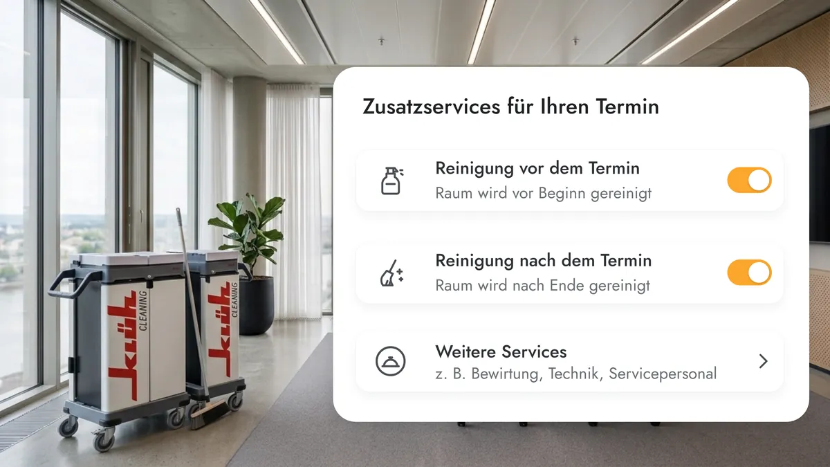 Reinigungswagen im Büro, daneben die Zusatzservices zum Termin: Reinigung vor und nach dem Termin sowie Bewirtung und Technik