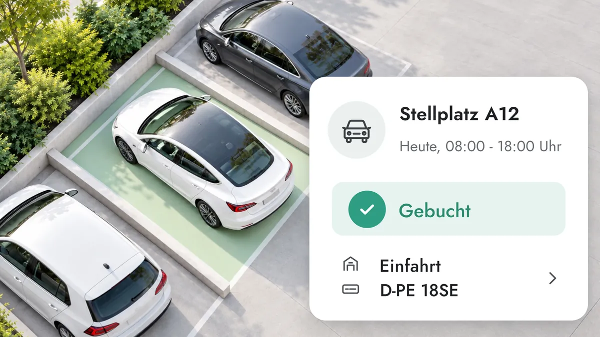 Parkplätze von oben mit markiertem Stellplatz A12, daneben die Bestätigung: heute von 8 bis 18 Uhr gebucht