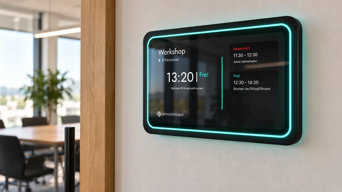 Raumdisplay neben der Tür eines Meetingraums zeigt den Raum als frei und den nächsten reservierten Termin