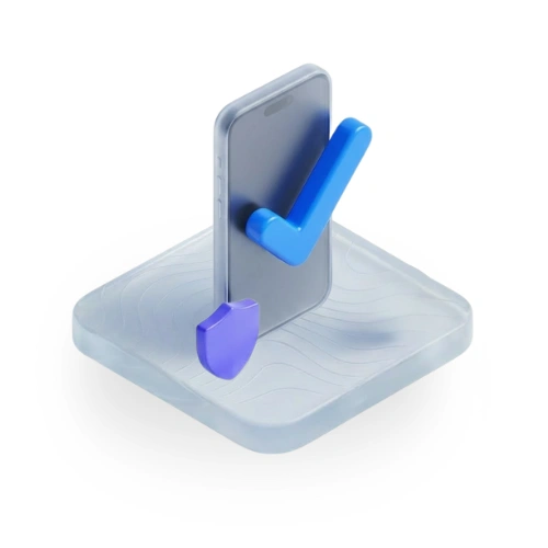 3D-Illustration eines Smartphones mit einem blauen Häkchen und einem violetten Schild, die Sicherheit symbolisieren.