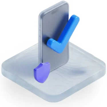 3D-Illustration eines Smartphones mit einem großen blauen Häkchen und einem kleinen lila Schild, die Sicherheit und Verifizierung symbolisieren.