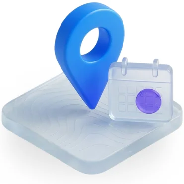 Blauer Kartenstandort-Pin neben einem Kalender mit einem markierten Datum auf einer abstrahierten Landkarte.