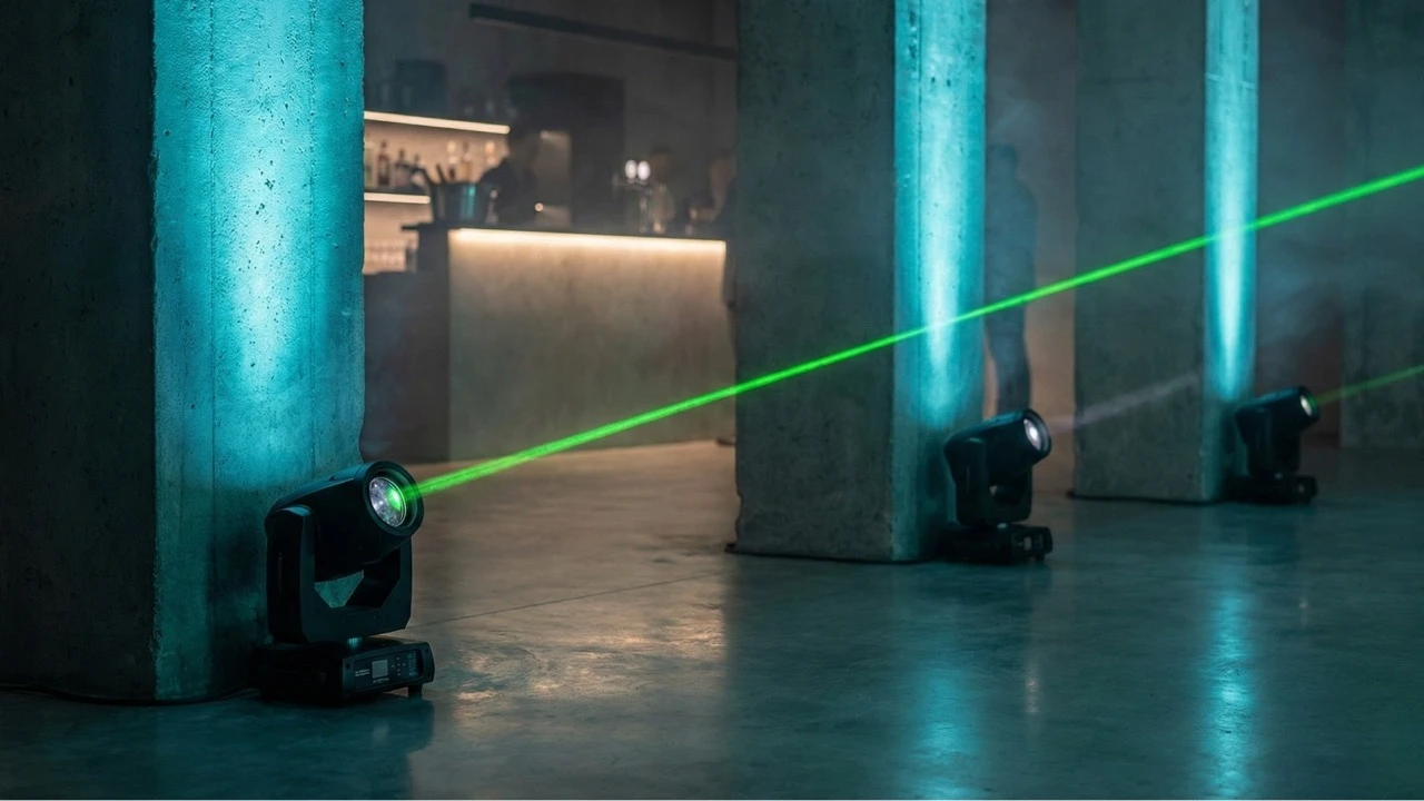 Moving Heads mit grünem Laserstrahl zwischen türkis beleuchteten Betonsäulen in einem Veranstaltungsraum.