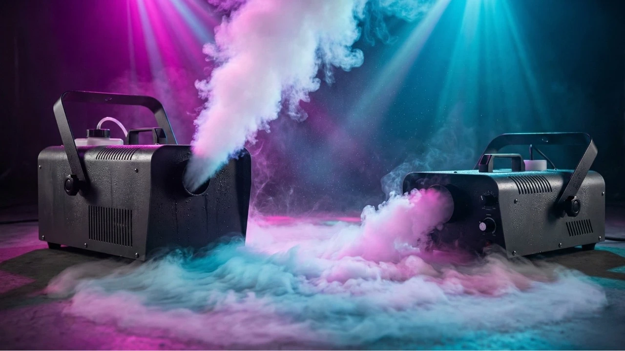 Zwei klassische Nebelmaschinen stoßen dichte Nebelwolken aus, angestrahlt in Pink und Türkis