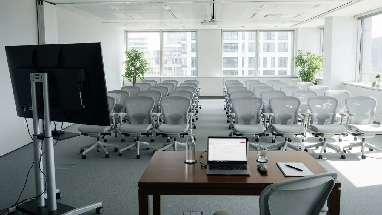 Leerer moderner Konferenzraum mit mehreren weißen Bürostühlen, einem Tisch mit Laptop, Wasserflasche, Glas und Notizblock.