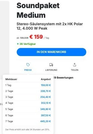 Screenshot der Renty Preisstaffel für das Soundpaket Medium von einem bis sieben Tagen