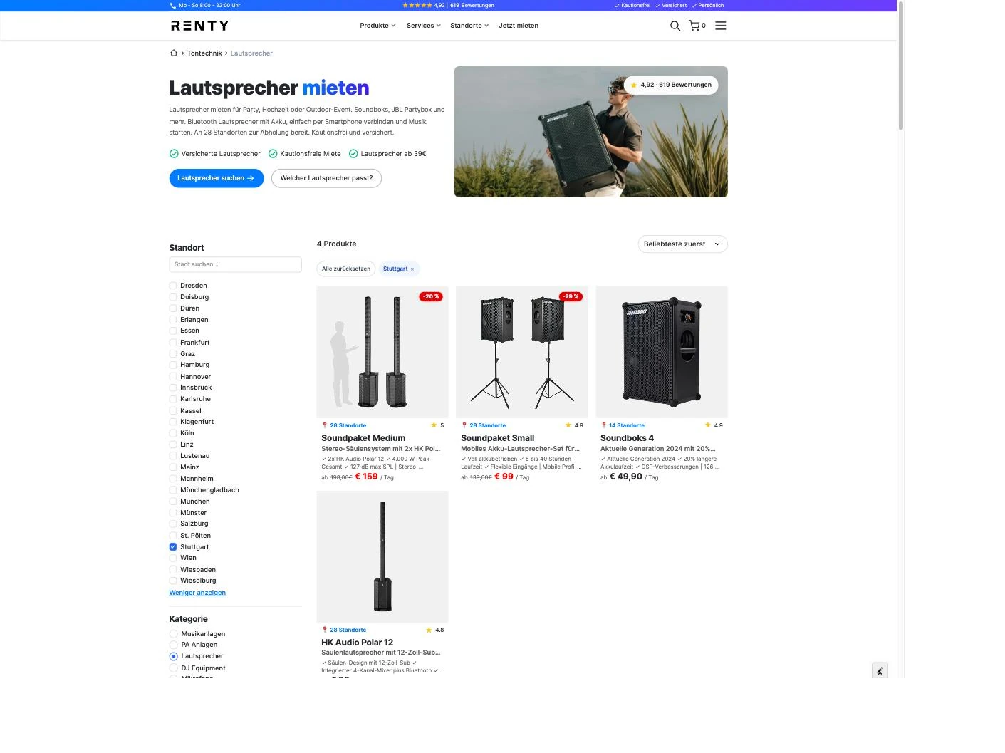 Screenshot der Renty-Lautsprecherseite mit SOUNDBOKS 4 ab 49,90 Euro pro Tag, kautionsfrei und versichert