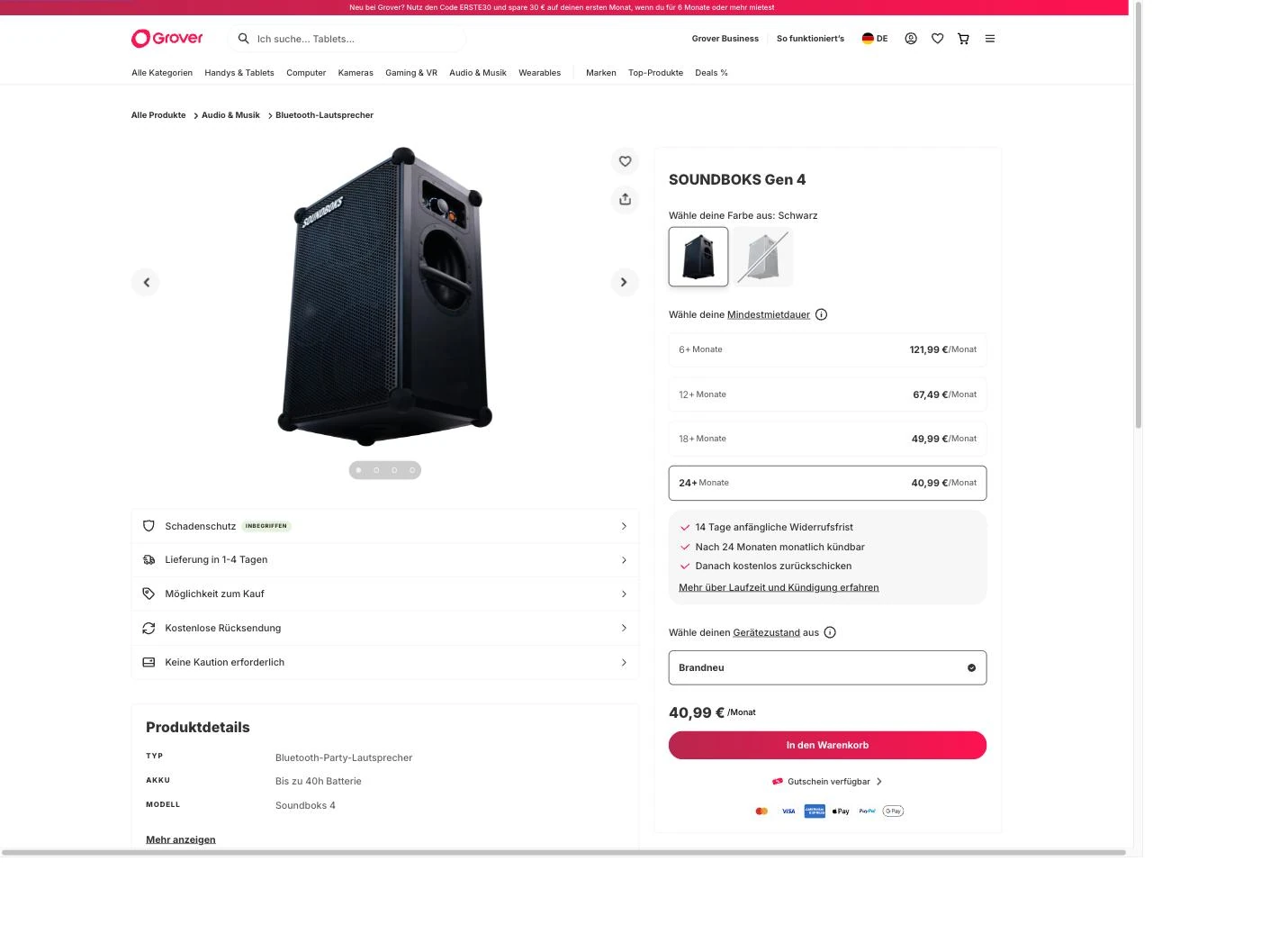 Screenshot der Grover-Produktseite SOUNDBOKS Gen 4 mit Mindestmietdauer ab sechs Monaten und Hinweis Keine Kaution erforderlich
