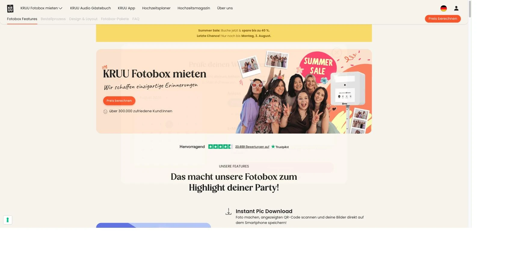 KRUU Preisabfrage verlangt Wunschtermin, Anlass und E-Mail-Adresse vor der Preisanzeige